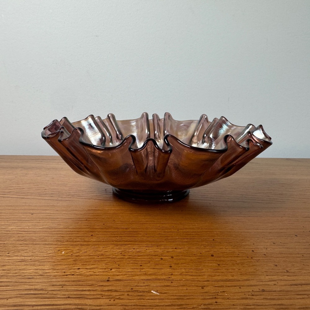 Vintage Early Fenton Amethyst Purple Iridescent Hobnail Glass Ruffled‎ Bowl